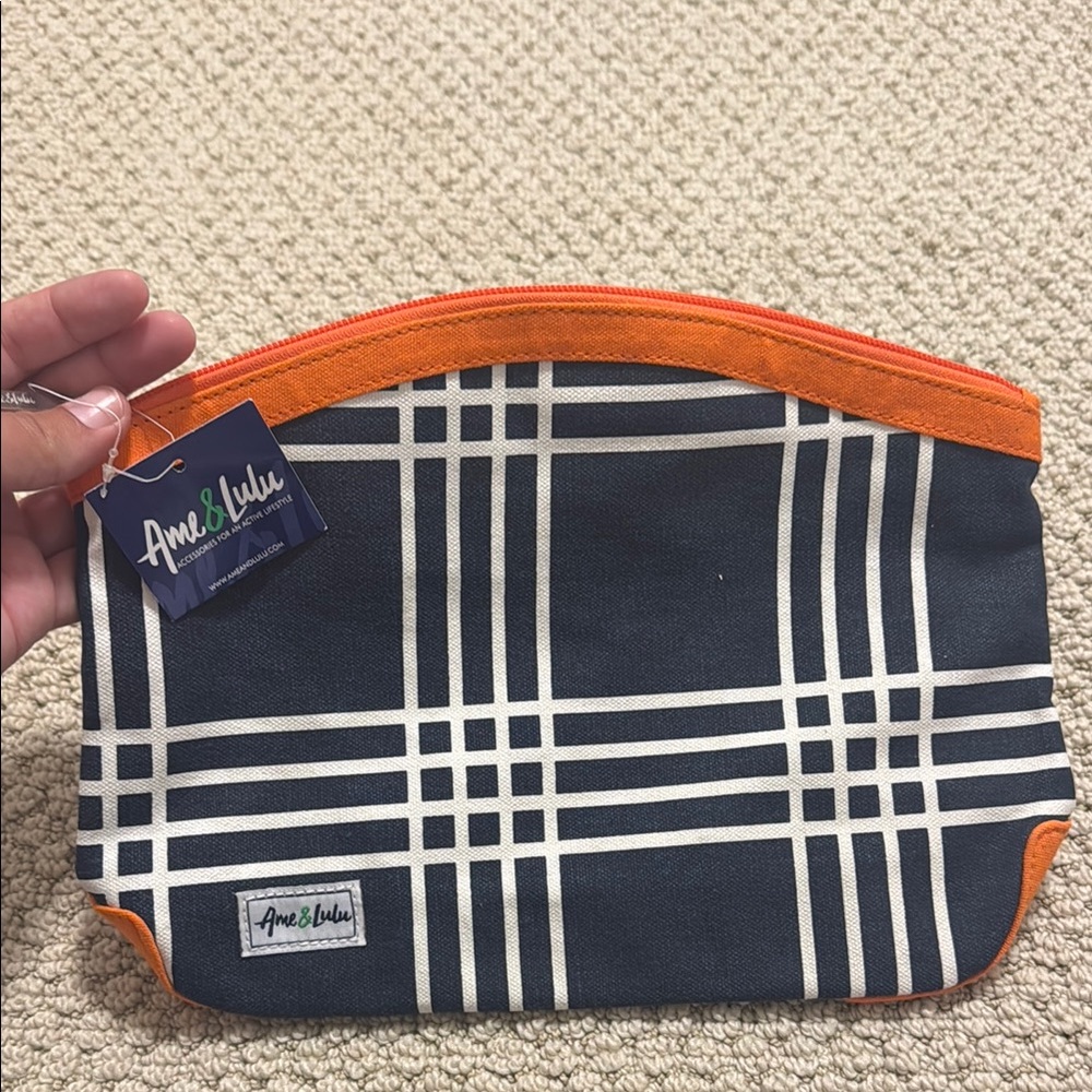 Navy Plaid Cosmetic Pouch with Orange Trim - Ame & Lulu